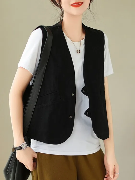 Retro Bawełniana Lniana Kamizelka z Dekoltem w Serek Luźna Casualowa Kamizelka Bez Rękawów Duży Rozmiar Odzież Wierzchnia Damska Jesień Sylwetka Gruszka