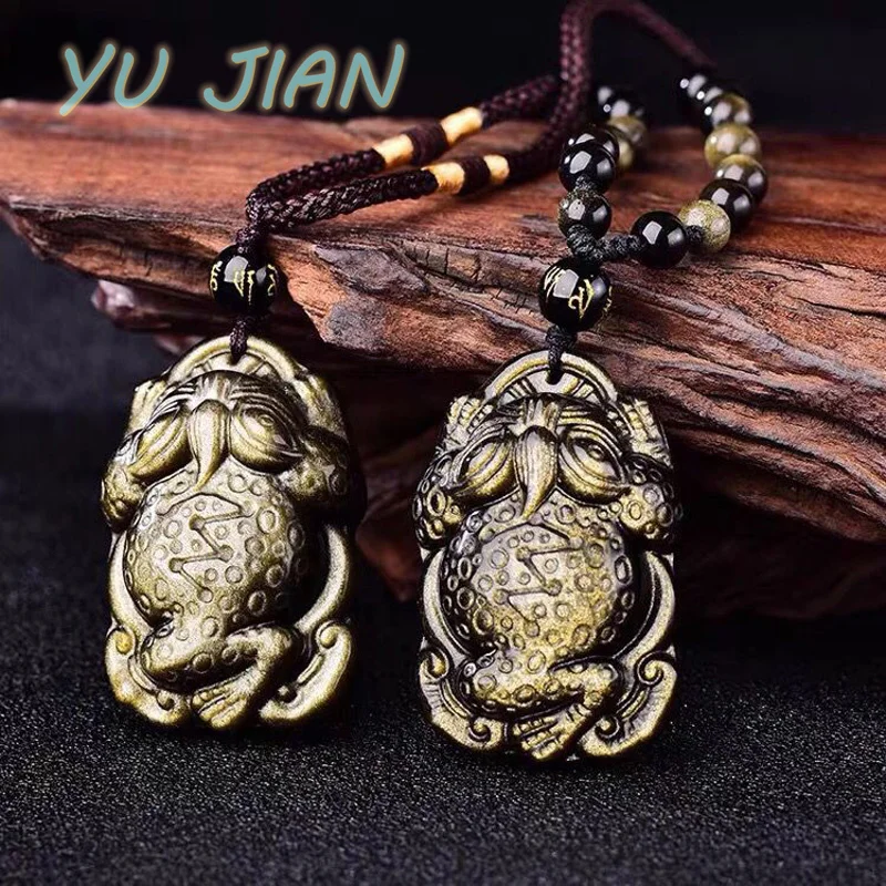 

Natural Gold Obsidian Pendant Lucky Jewellry Hand-carved Charm Golden Toad Necklace Mean Health Longevity Good Fortune Jewelry