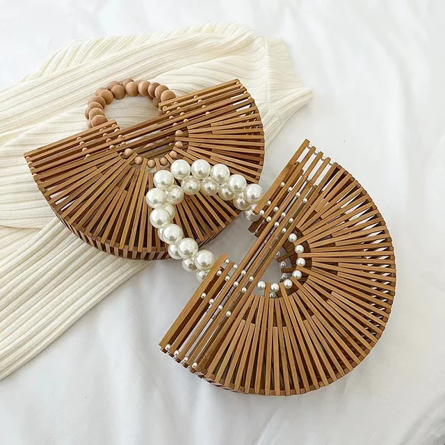 Moda ręcznie robiona torebka bambusowa perłowa rączka projekt eleganckie kobiety drążą torba plażowa wakacje tkana torba ze słomy torby damskie