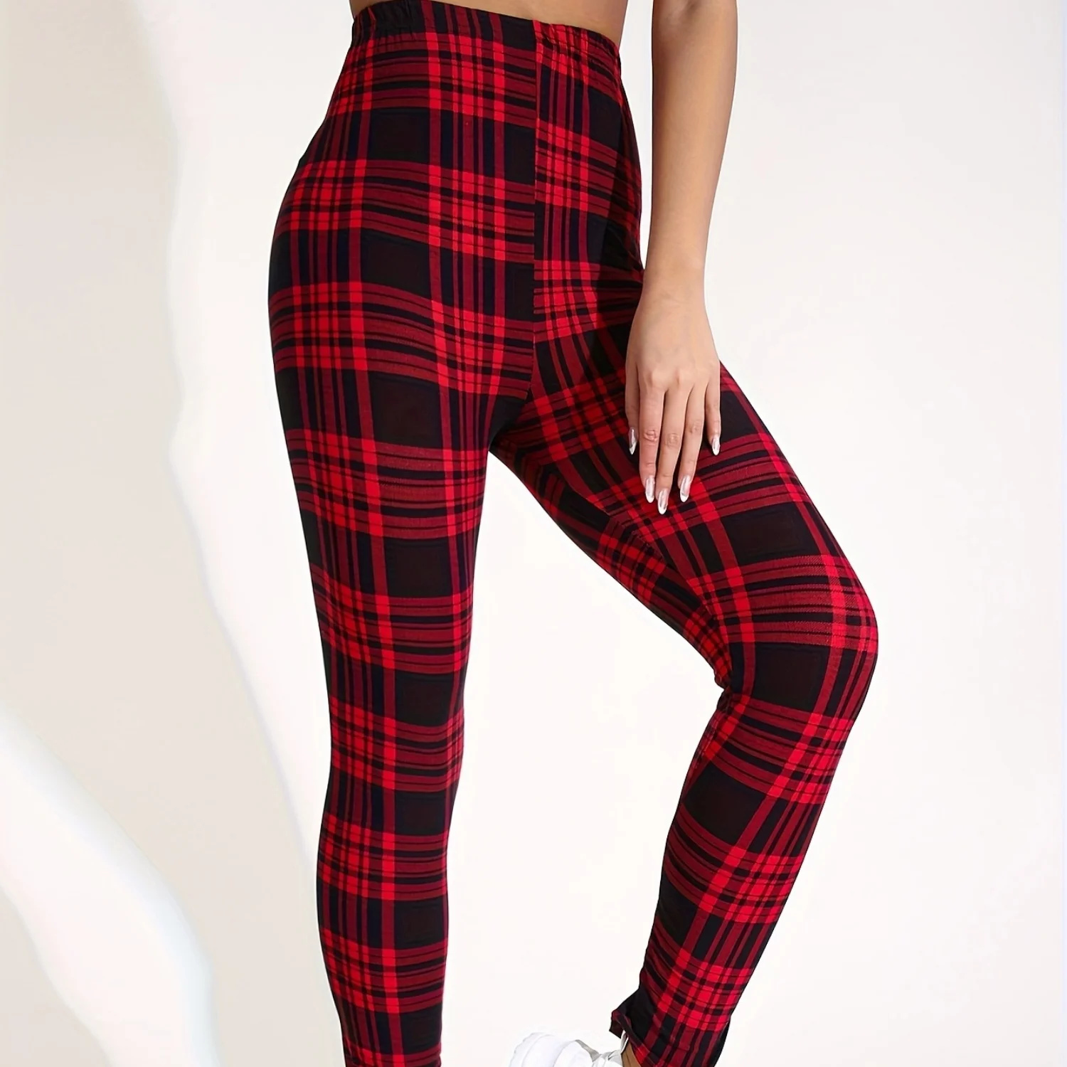 Yoga Pants, Women's High‑Waist Red Black Plaid Checkered Print Stretch Leggings, Buttery‑Soft Full‑Length Gym Workout Daily Casual Active Pants