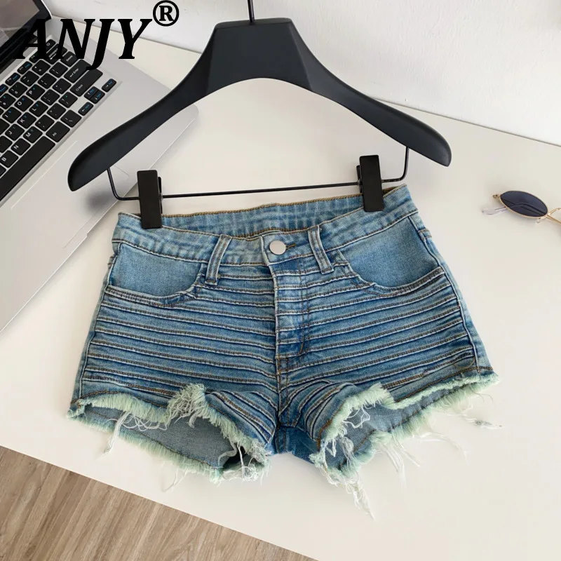 

ANJY 2026 Spring Summer New Women Fashion Hot Girl Striped Denim Shorts Chic Ins A-line Frayed Edge Ripped Trend Slimming A19040