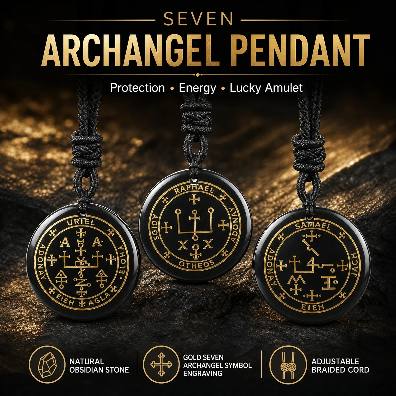 Quartz obsidienne sept archange pendentif ange mythologie Reiki symbole d'énergie Protection noir bonne chance amulette bijoux collier