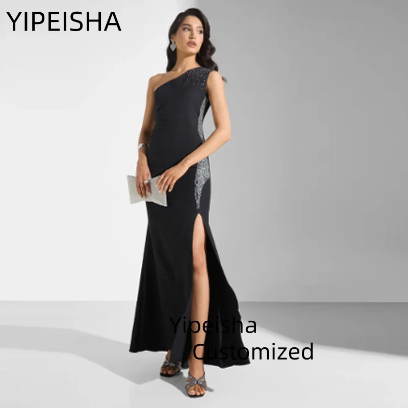 

Customized Elegant Black Prom Dress With Beads Exquisite One Shoulder Side Slit Evening Dress Floor Length Celebrit Party Gown