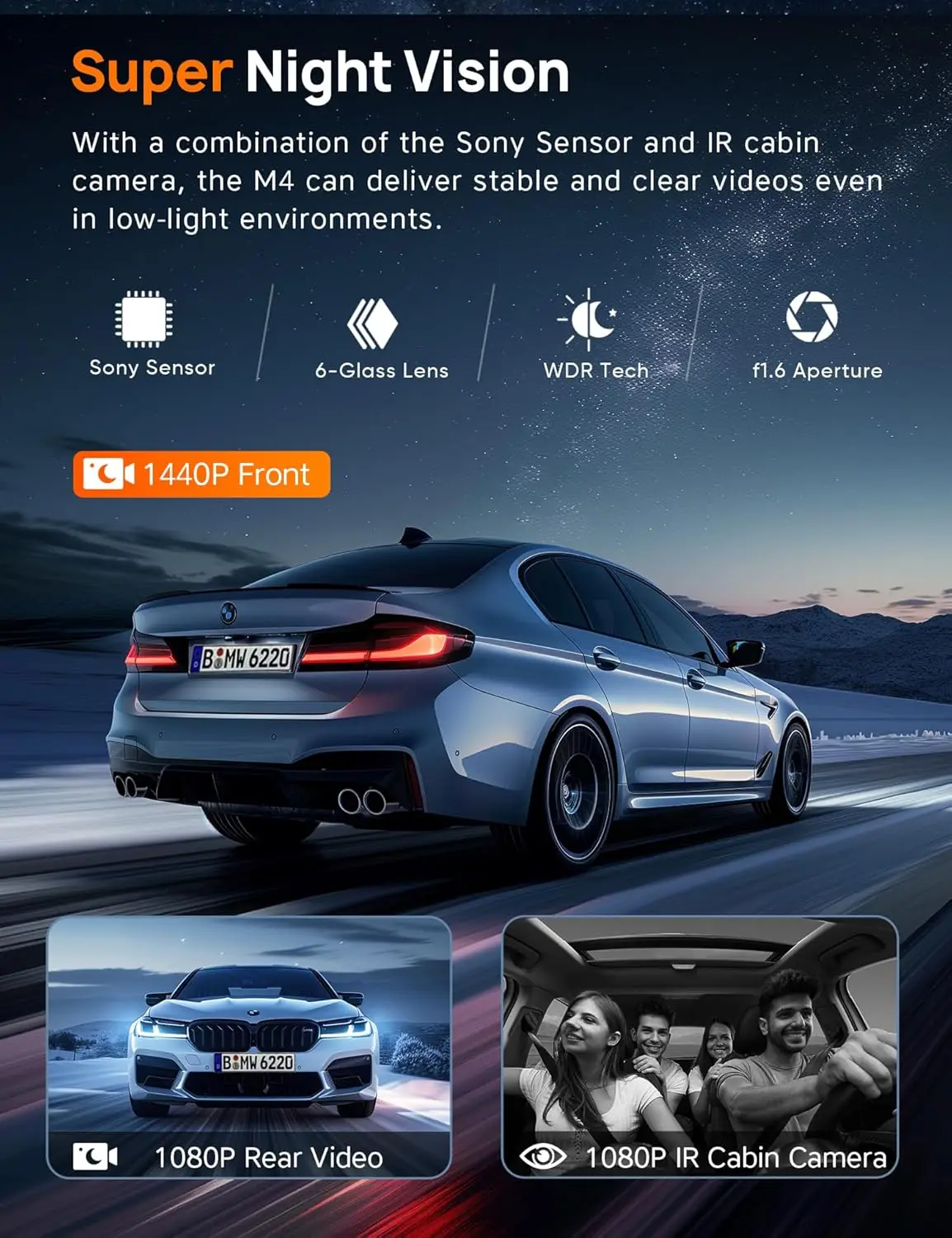 3 Channel WiFi Dash Cam Front and Rear Inside, 4K+1080P Dash Camera for Cars Front and Rear, Front and Inside, 2.5K+1080P+1080P