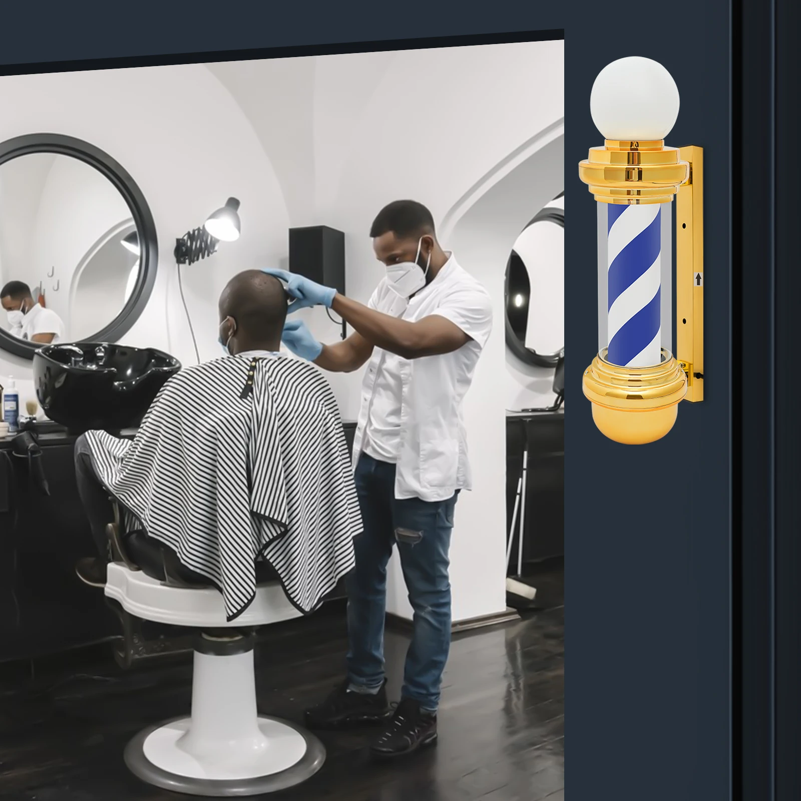 عمود حلاقة بلاستيكي مثبت على الحائط، ذهبي وأبيض وأزرق، صالون شعر دوار مفتوح مقاوم للماء لصالونات التجميل وصالونات التجميل