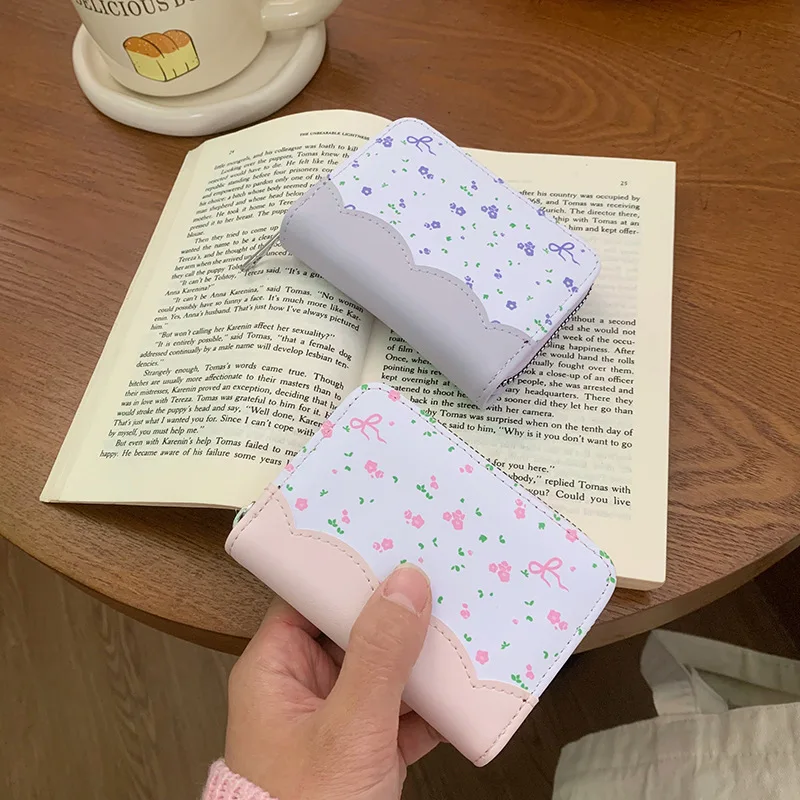 PU leather short and cute card bag for women with cartoon color contrast portable mini student coin purse