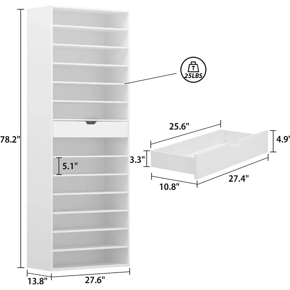 27.6” Large Shoe Cabinet with 13 Tier Open Shelves & Drawer, Large Shoe Organizer Shoe Storage Cabinet，Shoe Rack