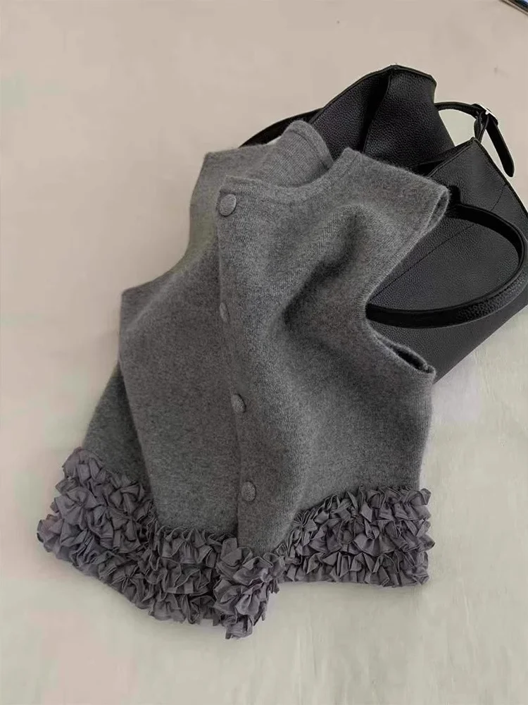 

Grey Lace Knitted Vest Sweater Jacket Women Spring Autumn New Lazy Style Loose Top Elegant Single Breasted Round Neck Jacket