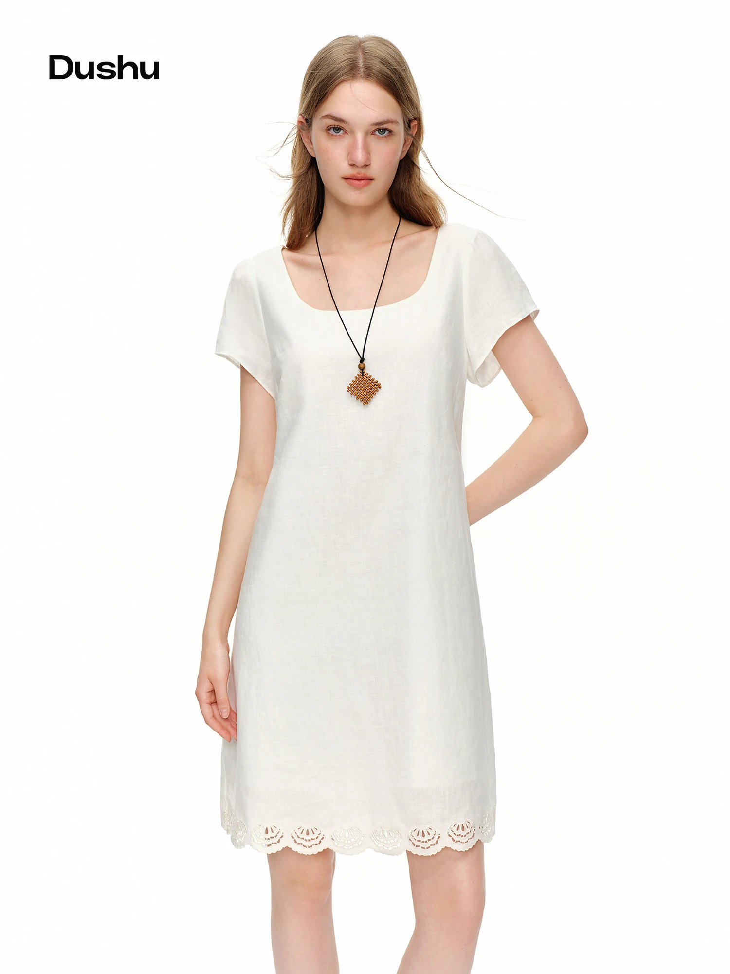 

DUSHU 2026 Женское летнее повседневное элегантное платье макси из 100% льна с вышивкой и вырезами, свободного кроя, А-силуэт, пляжное, с разрезом, длинное