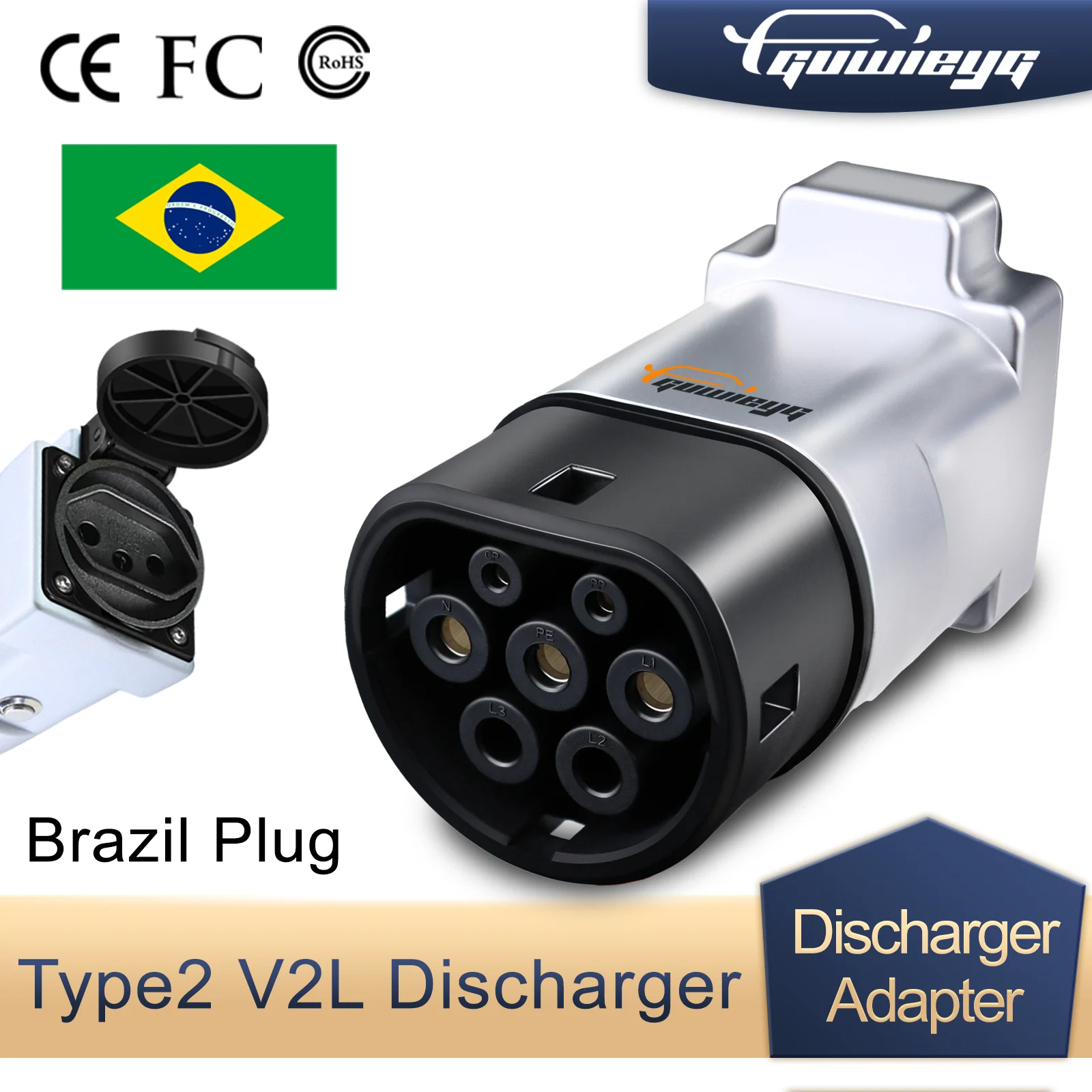 GUWIEYG V2L Discharger For Type2 Car Discharge EV Cable Adapter Support MG BYD V2L Vehicle to Load Type 2  Brazil Plug