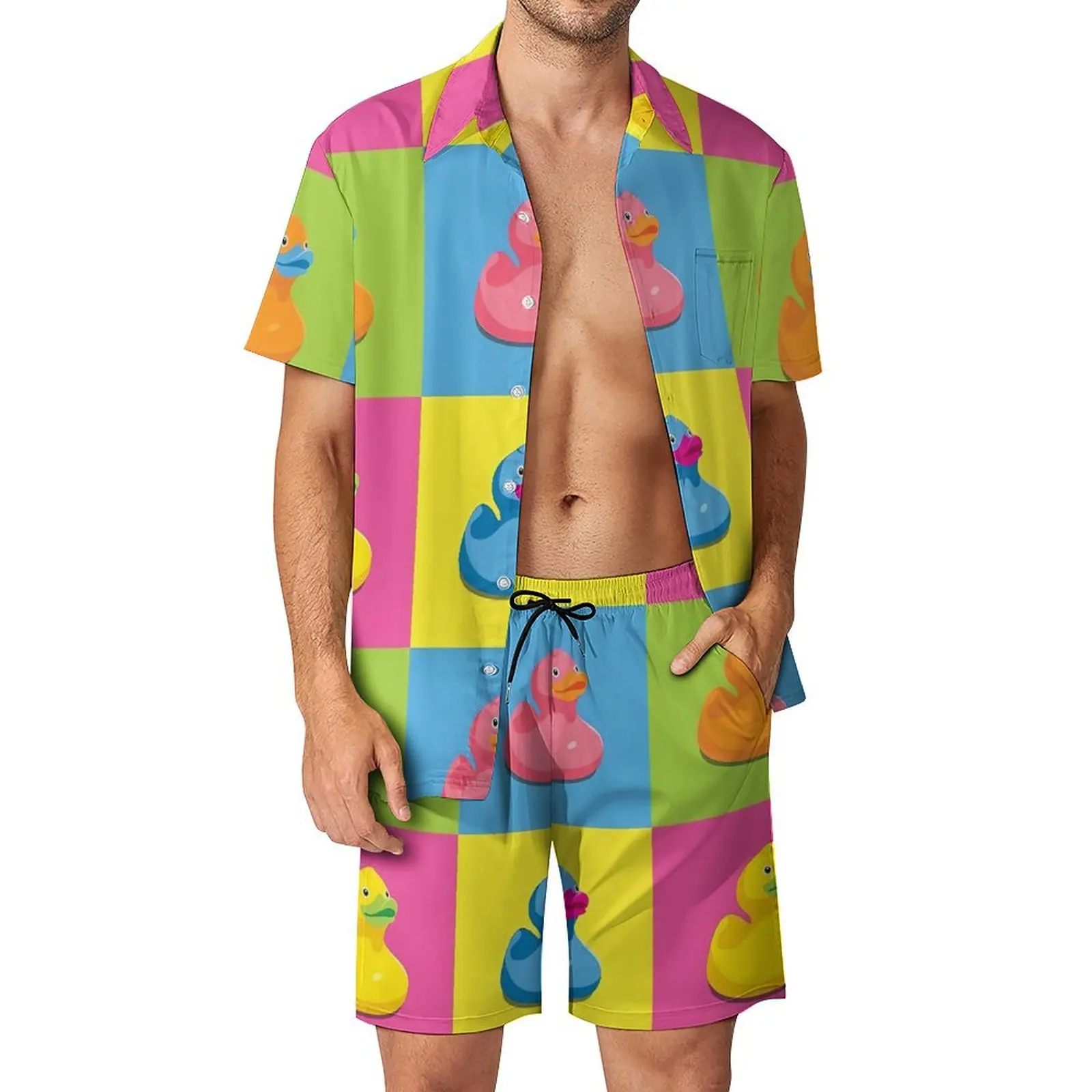 Summer Yellow Rubber Duck 3D Print Men Shirt Sets Short Sleeve Shirt Oversized Beach Shorts Streetwear Hawaiian Suits Clothes