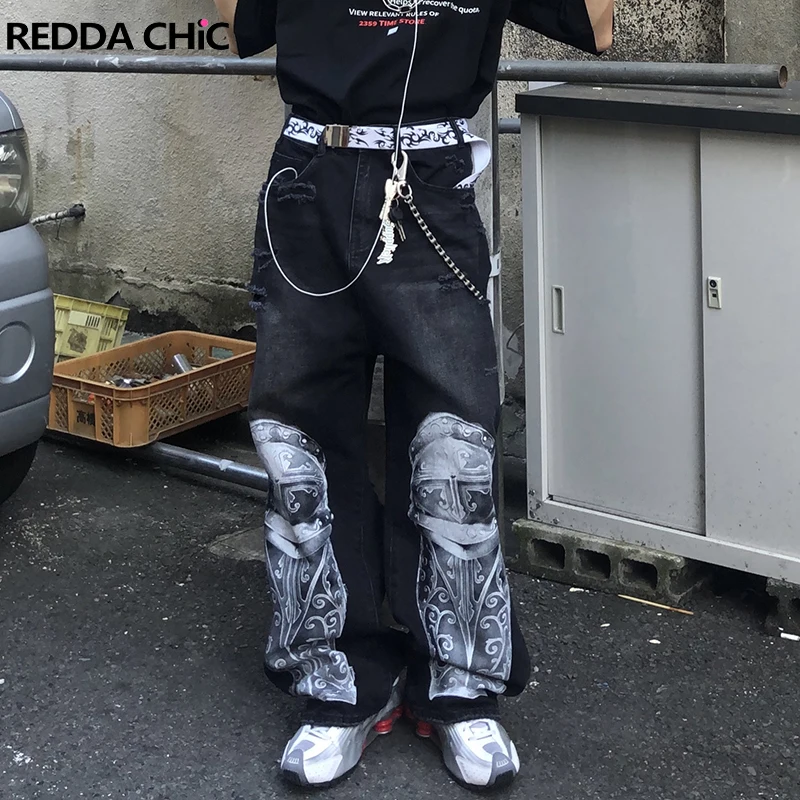 

REDDACHIC Men Ripped Holes Print Baggy Jeans Graphic Embroidered Wash Do Old Wide Low Waist Denim Pants Y2k Vintage Streetwear