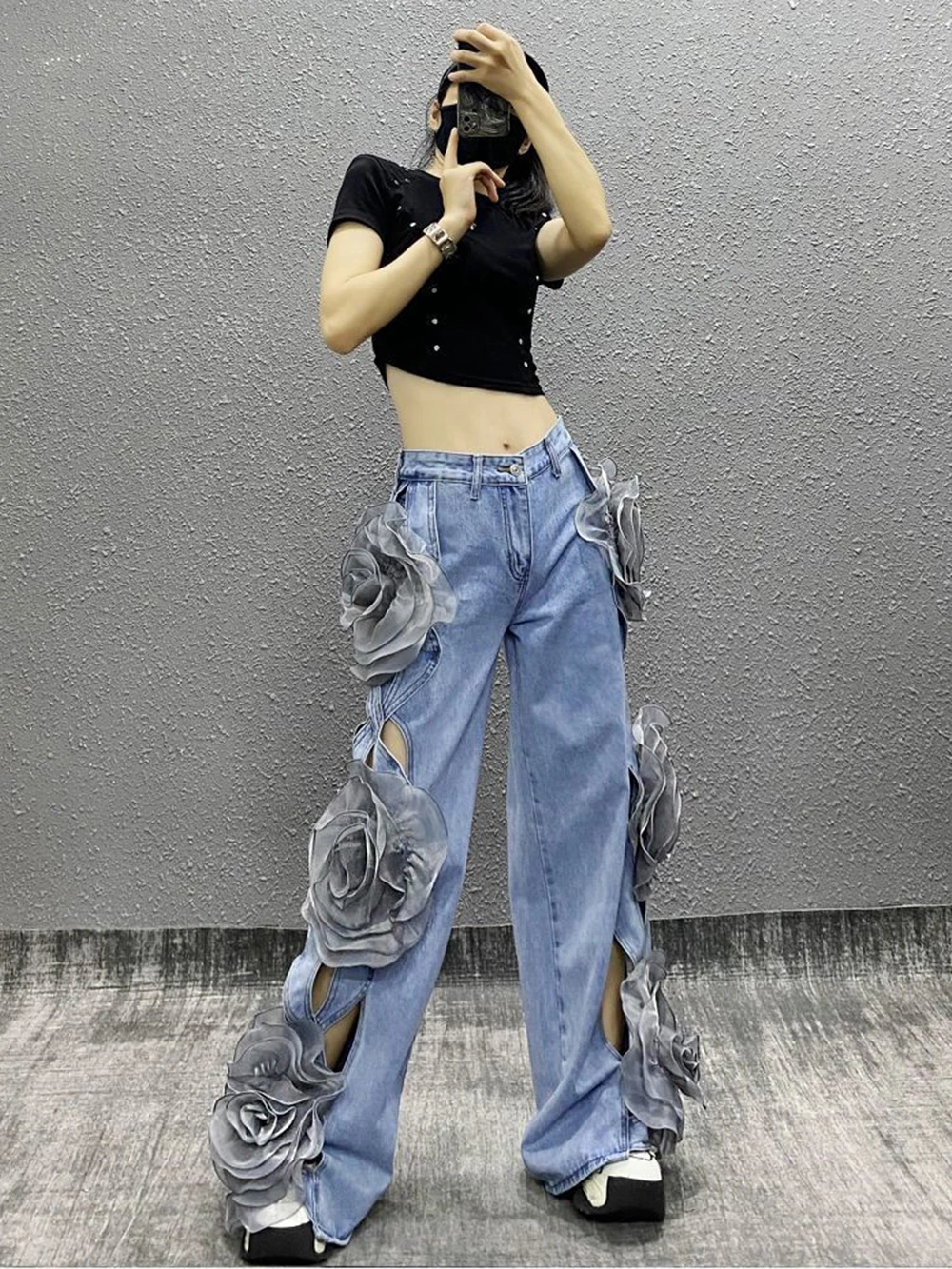 Odzież damska Y2K 3D Flower Stitching Hollow Out High Waist Loose Jeans Pants Fashion Women\'s Wide Leg Oversized Denim Trouser