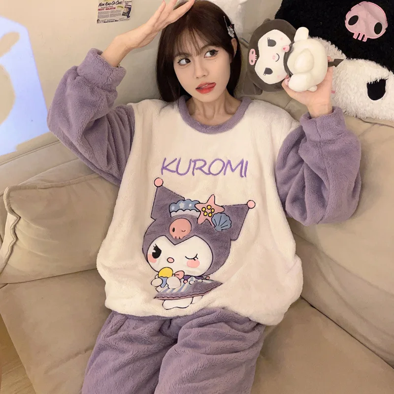 Hot Sanrio Kit Girl Flannel Round Neck Winter Keep Warm Pajama Set Kawaii Kuromi Comic Student Fashion Thickening Leisure Wear