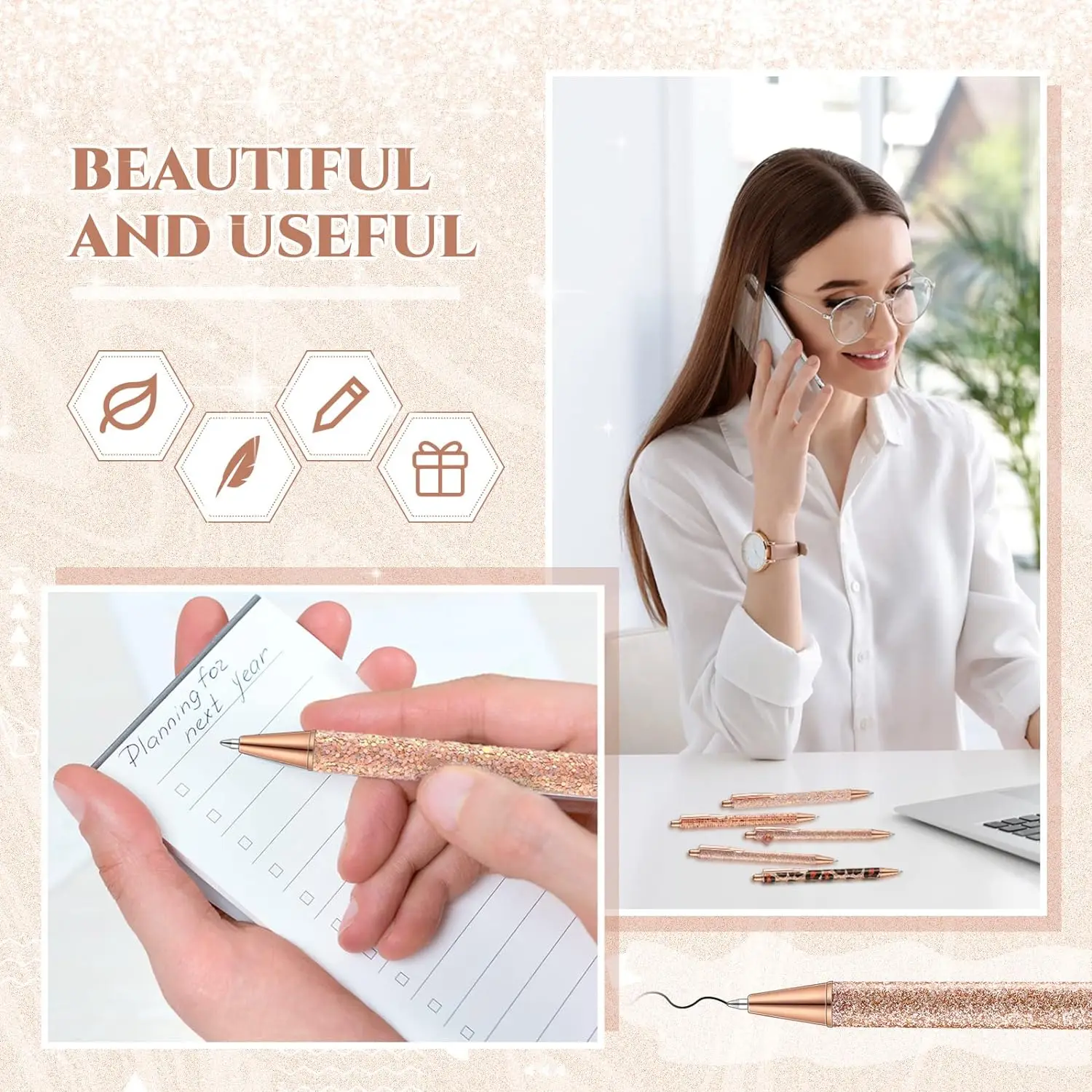 7 szt. Fantazyjnych długopisów dla kobiet śliczne długopisy świecące, brokatowe długopisy z 10 szt. Wkładów do czarny tusz ładnych długopisów — zdjęcie produktu 4