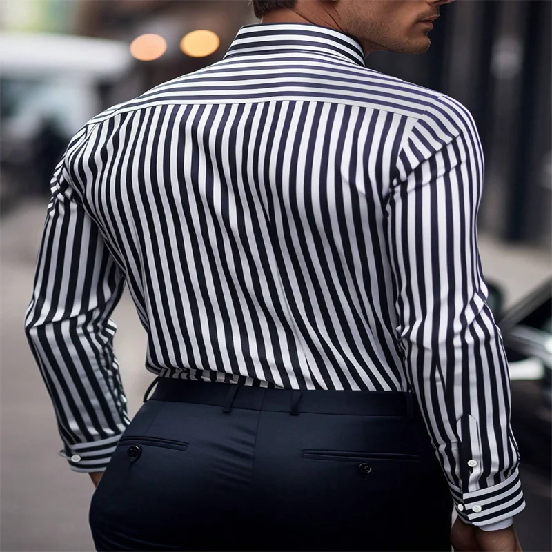 European high quality men's striped long-sleeved single-breasted casual business shirt luxury temperament plus size 6XL