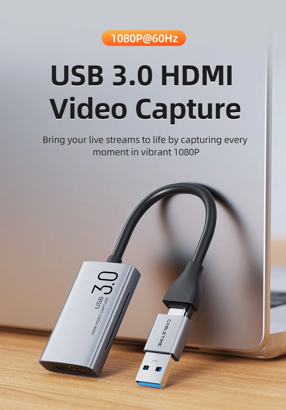 CABLETIME Video-Aufnahmekarte USB 3.0 4K HDMI zu USBA USB-C HDMI Video-Grabber-Box für PC Computer Kamera Live-Gaming – Detail 1