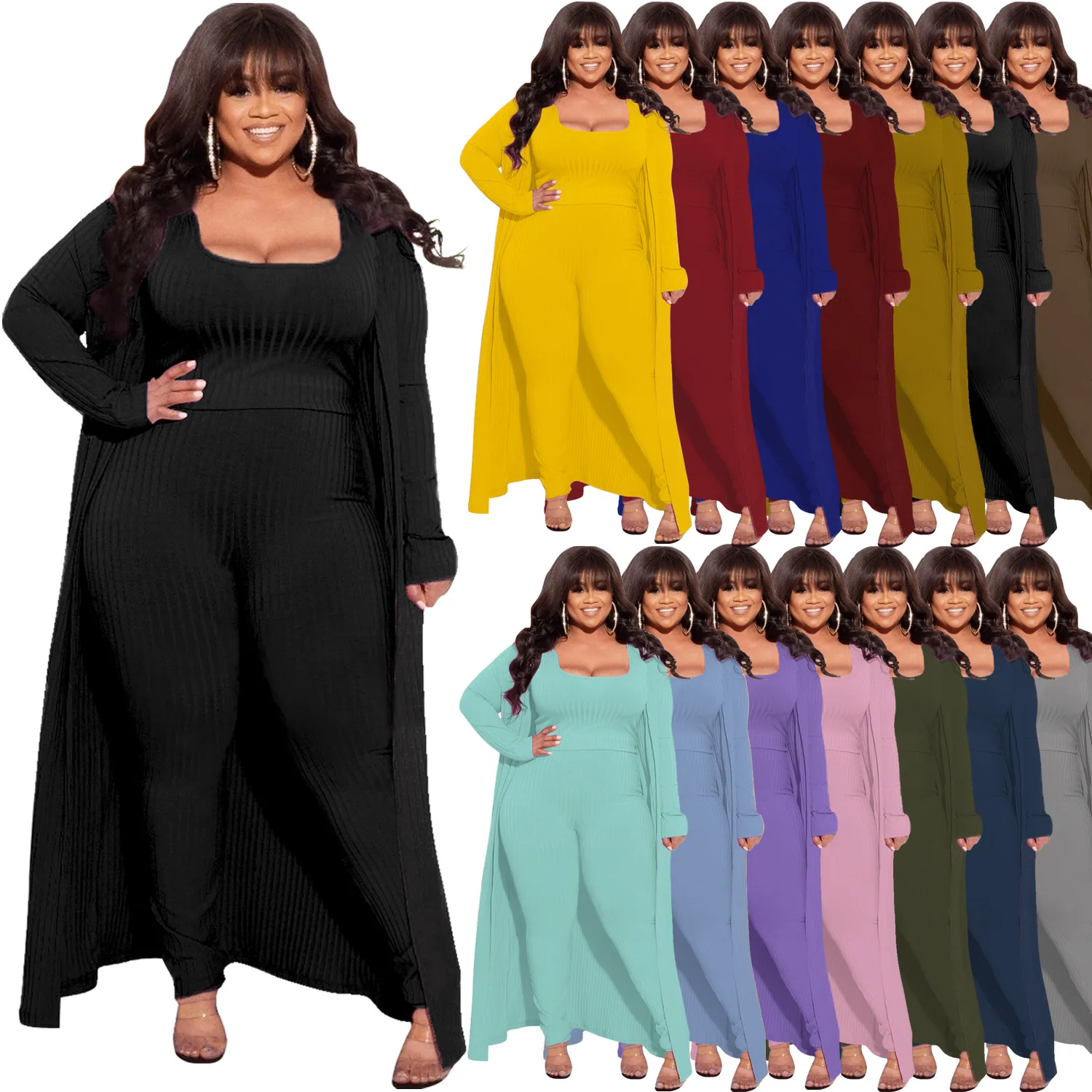 Haoohu Plus Size Set Lange Mouwen Jas Broek Hemd Lente Hoge Elasticiteit Sinking Patroon Waarde Knitwear 3 Stukken Trui