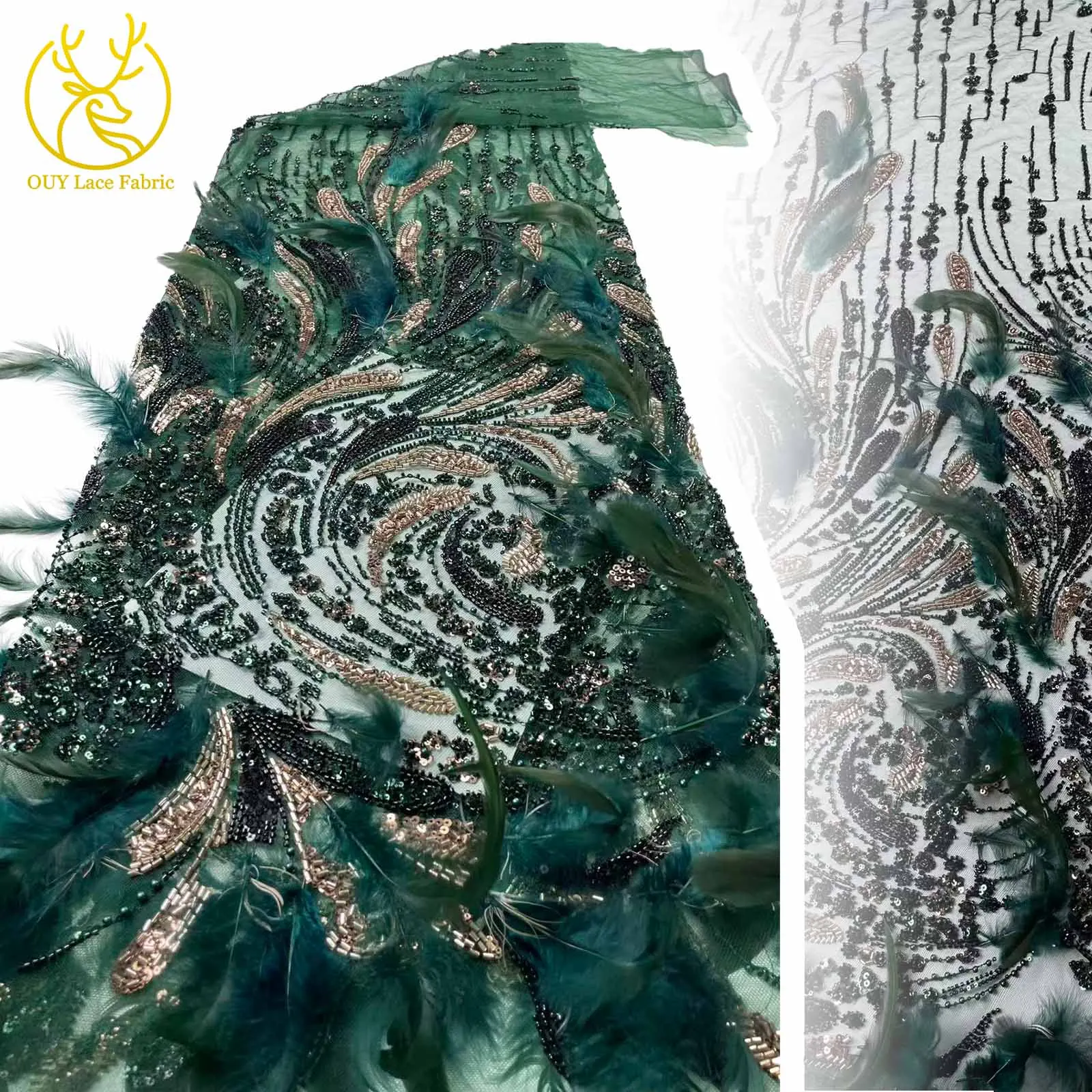 

2025 Fei зеленая европейская уникальная 3D кружевная ткань с перьями 5 ярдов Франция Нигерия кружевная ткань с блестками и бисером Свадебные платья