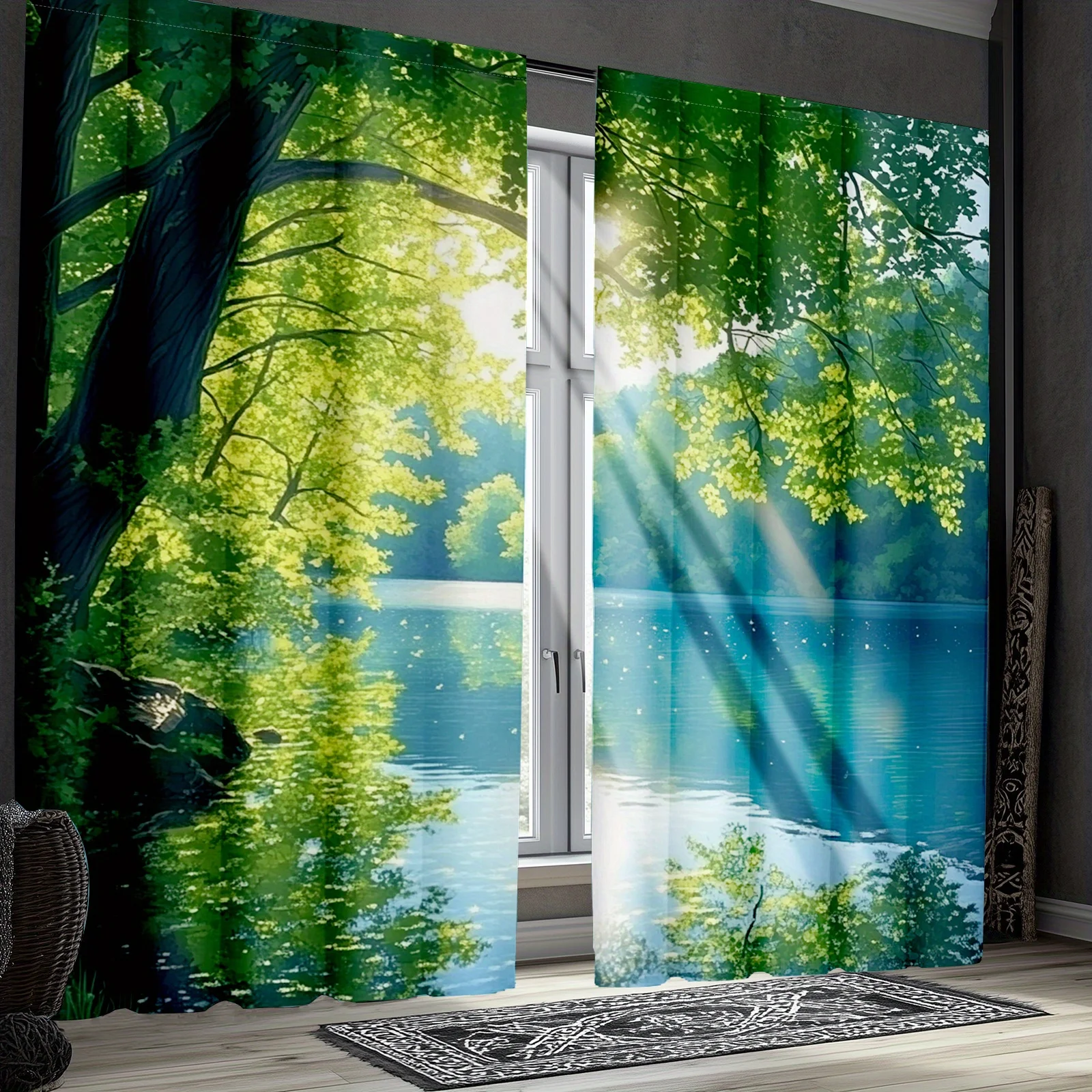 2pcs Lake Forest Print Curtains Nature Scenery Sunlight Through Trees Pattern Polyester Window Drapes for Living Room Bedroom