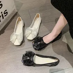 Kawaii Round Toe Flat with Bow Shoes for Women 2024 White Ladies Summer Footwear Cute Black Rhinestone Flats Diamond Crystals E