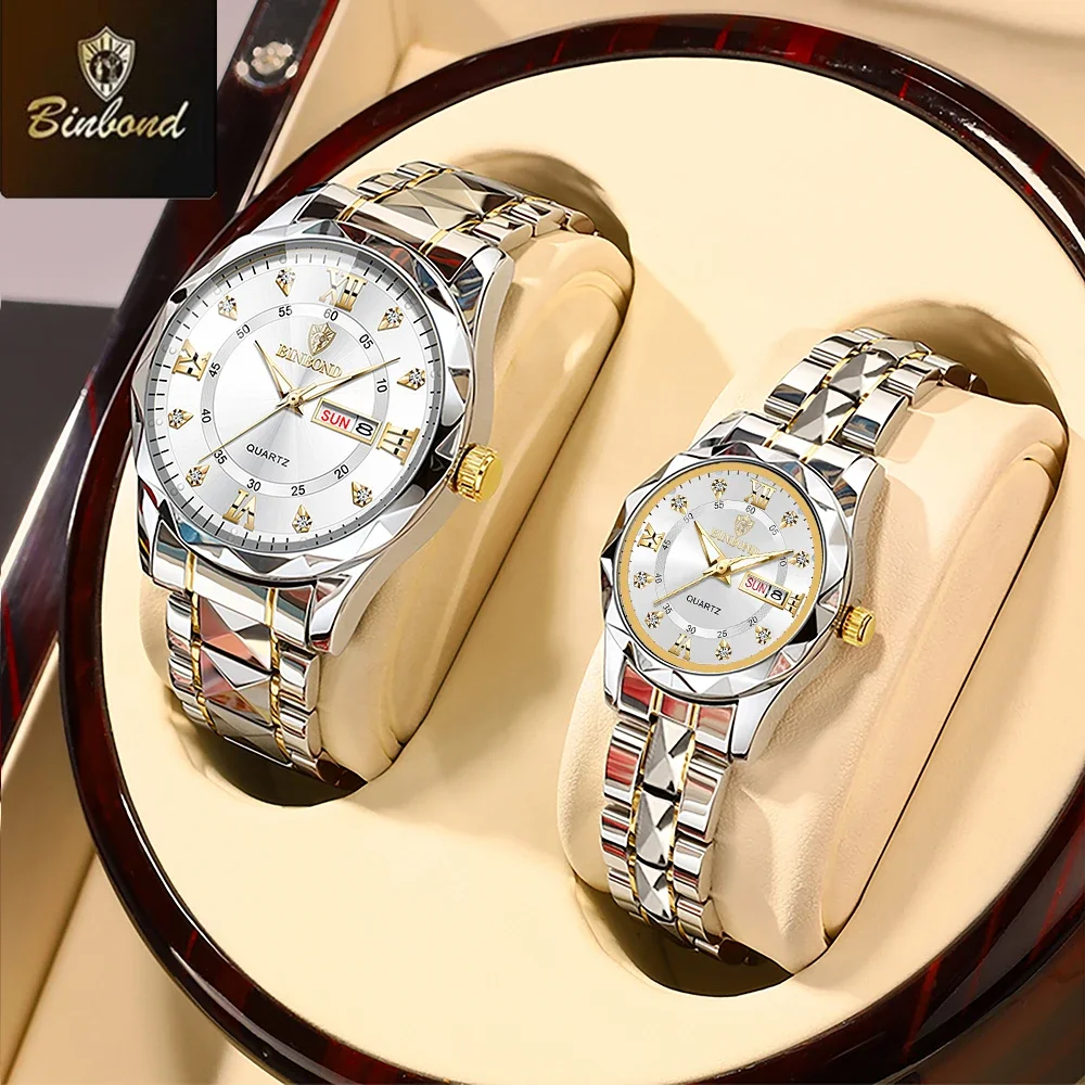 BINBOND 2pcs/Set Couple Watches 30M Waterproof Fashion Diamond Valentine Day Gift Stainless Steel Watch Men Women Quartz Watch