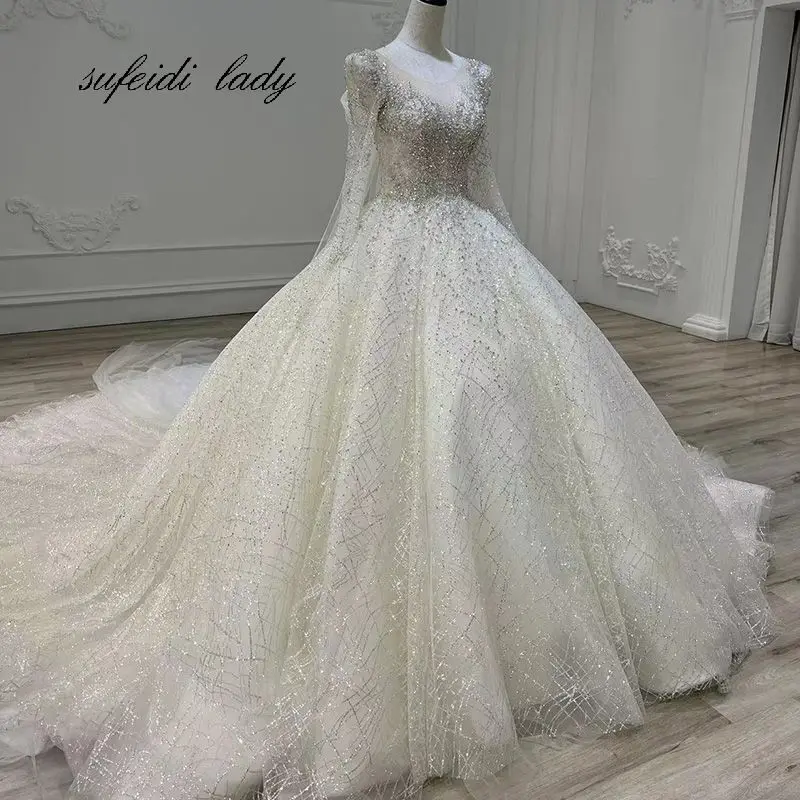 Luxury Long Sleeve Dubai Ball Gown Wedding Dress Sparkly Crystal Appliques Saudi Arabic Exquisite Bridal Gown