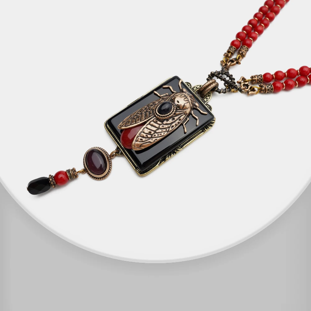 Amorita boutique vintage design cicada Keratoisis Natural Red Sea Bamboo Beads Agate necklace