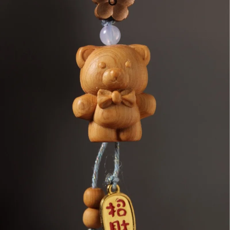 1PC Cliff Thuja Wood Fortune Bear Pendant Wood Carved Gentleman Bear Cute Bag Phone Hanging Charm Ornament Festival Gift Jewelry