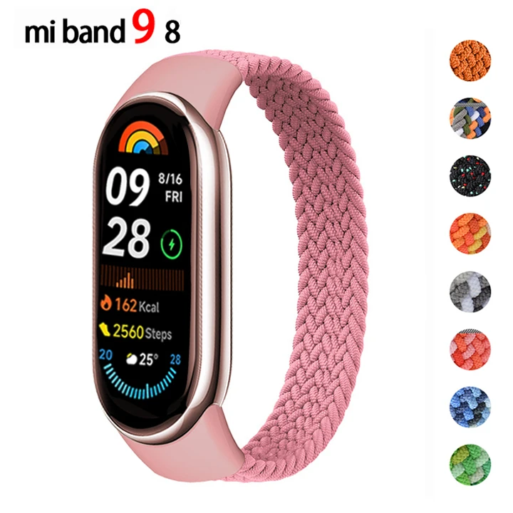 Заплетенная сольная петля для Xiaomi Mi Band 9 8 ременных аксессуаров эластичный сменный браслет smartwatch correa Miband 8 NFC