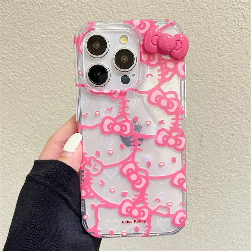 Hello Kitty Bow Full Screen Phone Case For iPhone 16 15 14 13 12 11 Pro Max XR XS MAX 7 8 Plus Y2K Pink Girl Laser Shining Cover - náhled 5