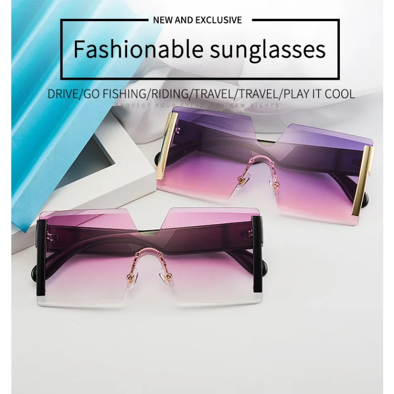 Fashion Oversized Square Rimless Sunglasses Women Flat Top Big Glasses Female One Piece Travel Eyewear UV400 Driving Shades