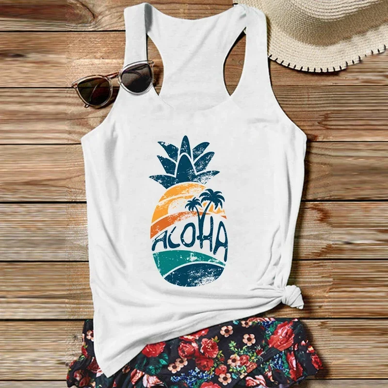 

Aloha Tops Sexy Hawaiian Tank Top Travel Vest Summer Women Clothing Vacation White Tank Top L