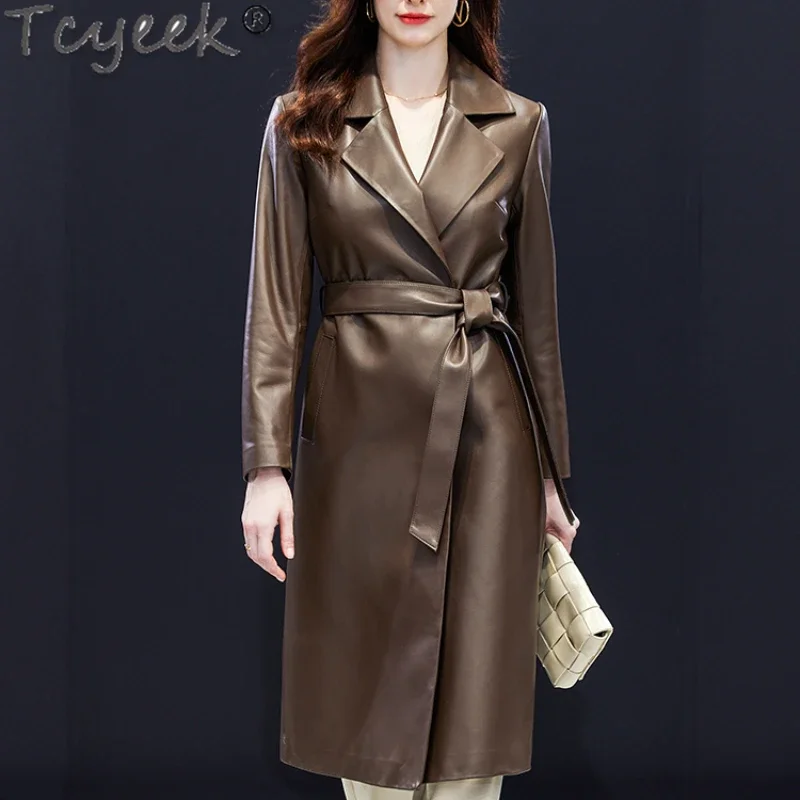 Tcyeek Top Quality Real Leather Jacket Women 2024 Natural Sheepskin Coats Mid-length Trench Coat for Woman Clothes Autumn Belt