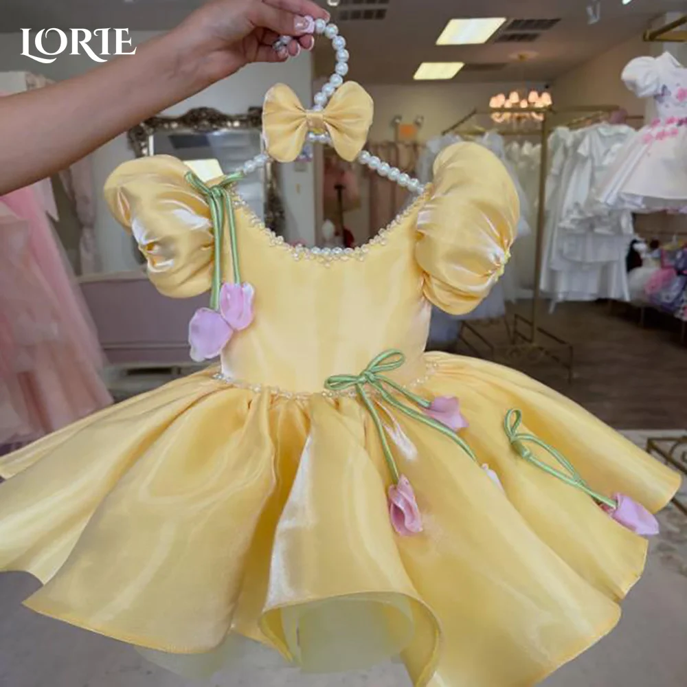 

LORIE Shiny Puff Flower Girl Dress Bow 3D Flower A-Line Midi Sparkling Yellow Short Flower Girl Dress Customized Gril Party GOWN