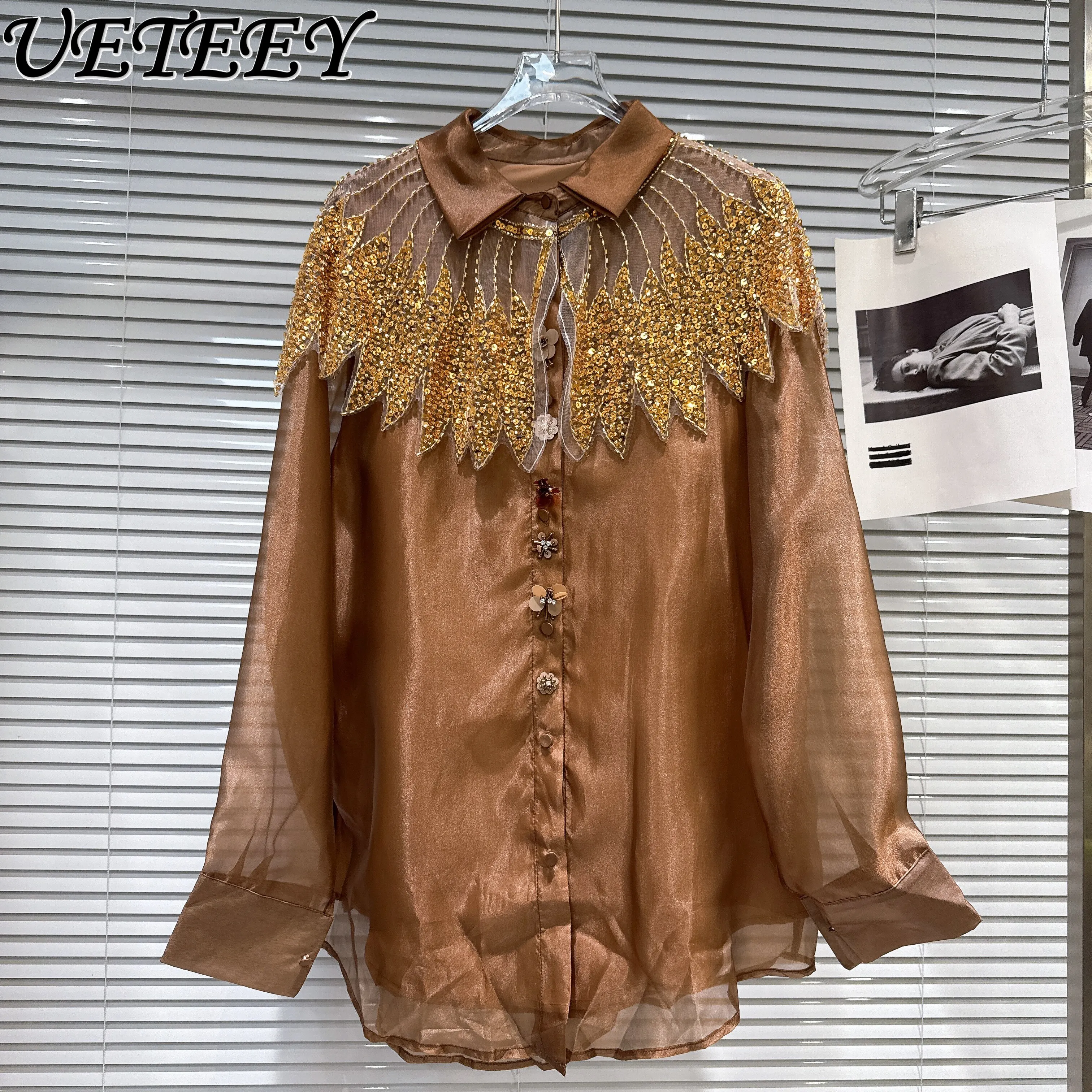 

2026 Spring New European American Style Sequin Embroidery Mesh Shawl Design Long Sleeve Blouse Shiny Loose White Shirt for Women