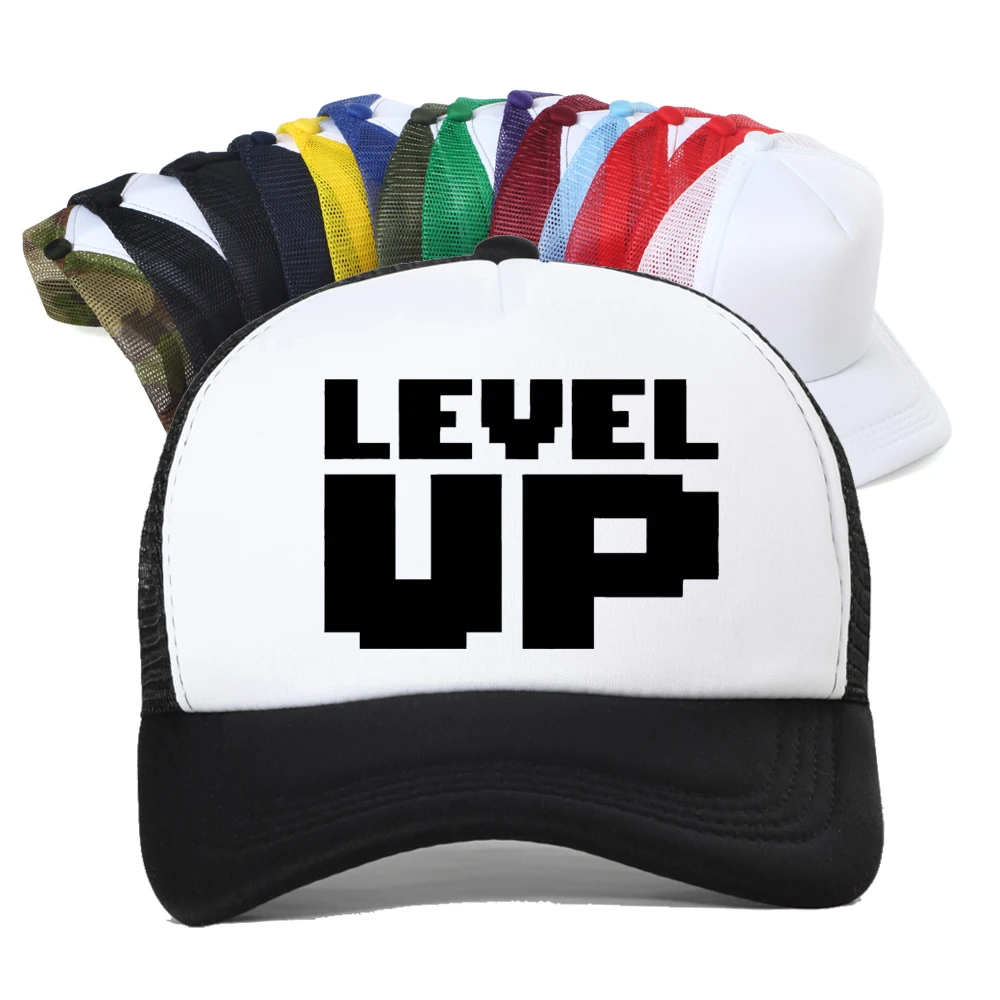 Level Up Printed Baseball Cap Men Women Basic Streetwear Summer Breathable Trucker Sun Snapback Hat