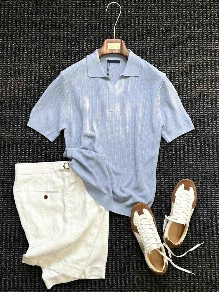 New Designer Mens Summer Breathable Linen Tees Tops Solid Colors Comfortable Short Sleeve Lapel Collar Pullover Business T-Shirt