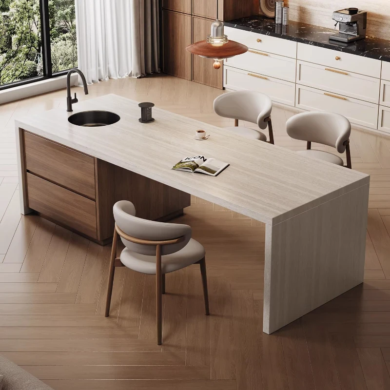 Travertine Rock Slab Island Dining Table Integrated Flush Model with Sink Middle Guide Platform