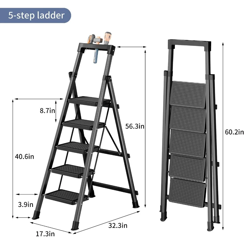 5-traps ladder met gereedschapsbak, draagbaar opstapgereedschap 330 lb belasting, opvouwbare opstapladder met antislip verbrede pedalen, leuning, Safe-Loc
