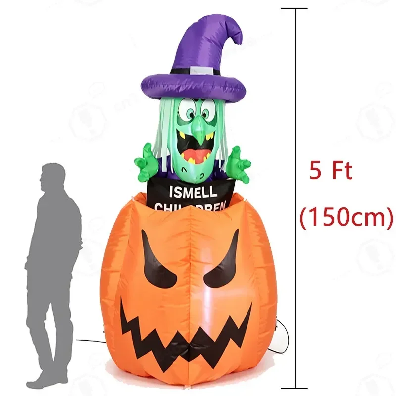1.5M Halloween Inflatable Pumpkin Witch Air Blower Model Outdoor Garden LED Luminous Decoration Creative Funny