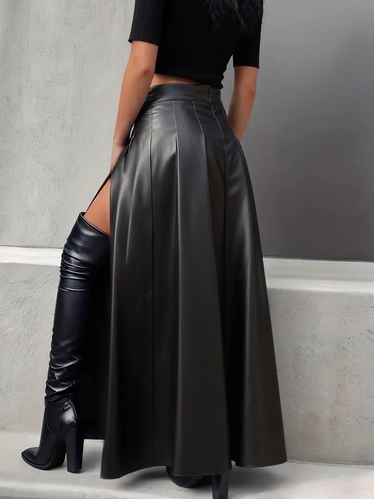 PU Leather Skirt New Style Fashion Large Slit Leather Skirt Mid-length Irregular Long Skirt Autumn Black Casual Holiday Skirts
