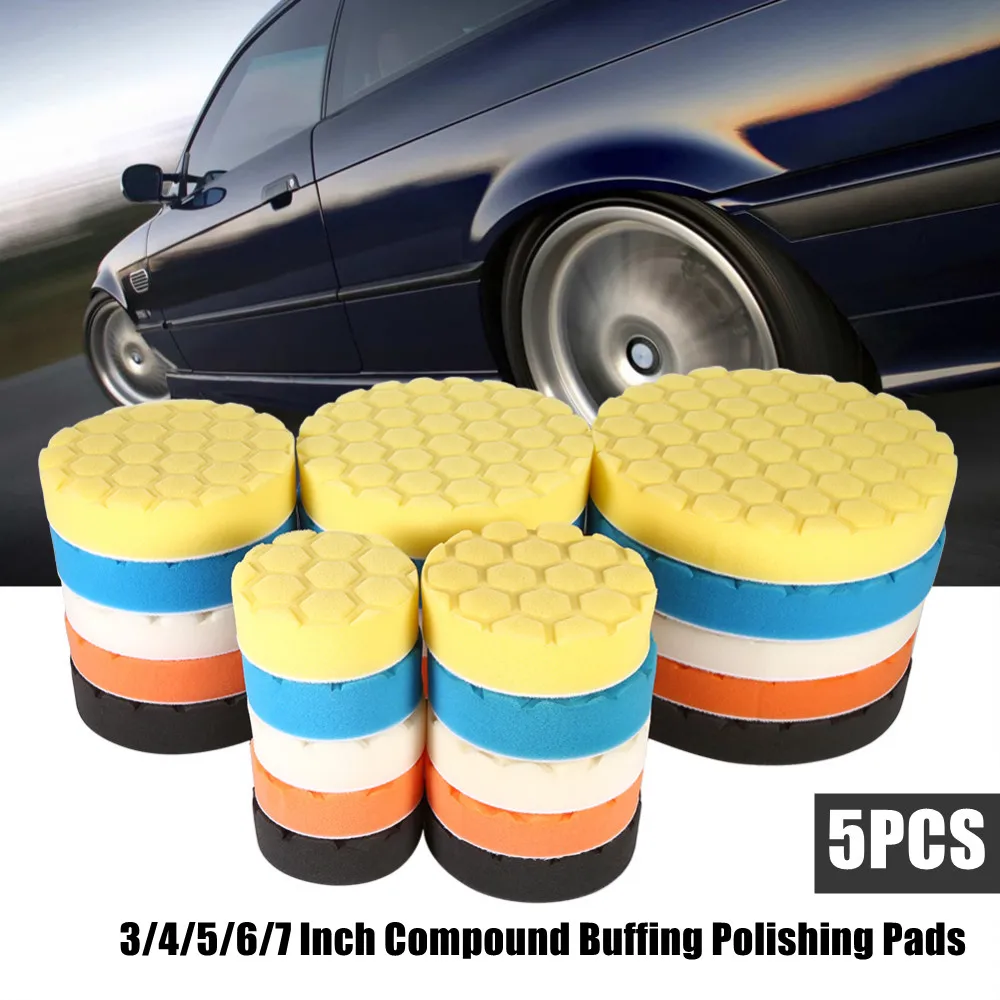 5 Pack 3/4/5/6/7 Inch Compound Buffing Polishing Pads Cutting Sponge Pads Kit for Car Polisher Self-Adhesive Sponge Waxing