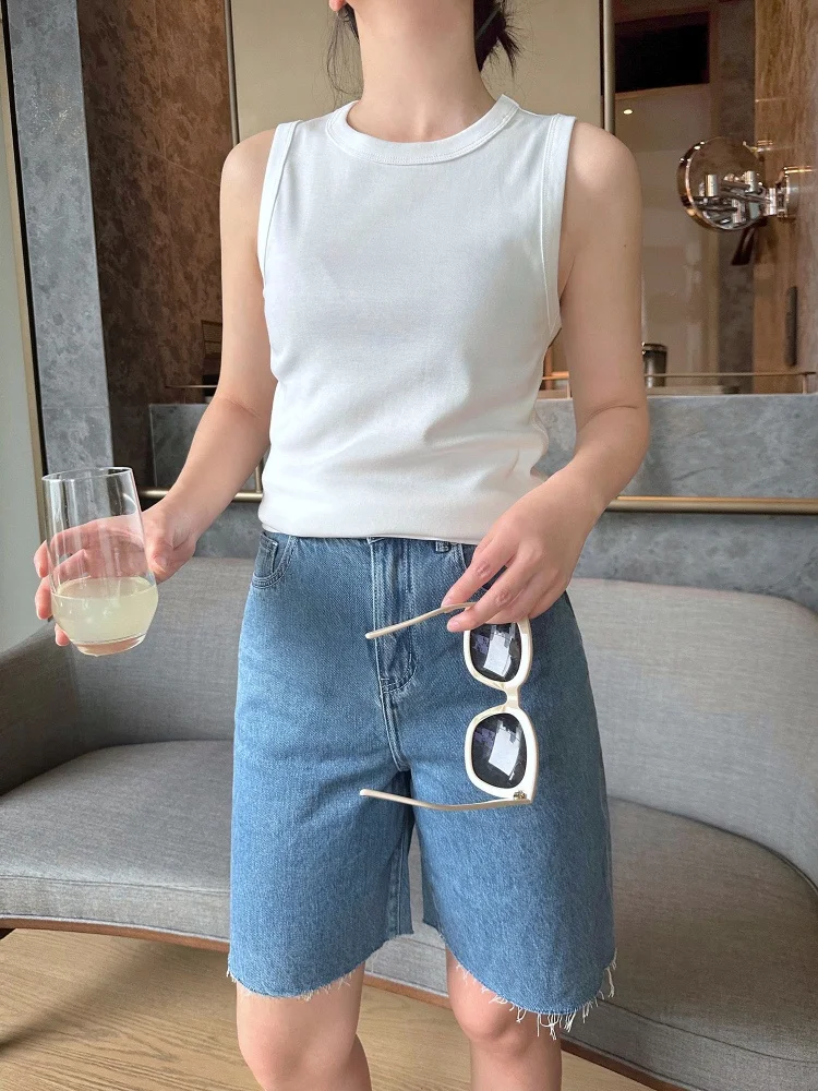 

Retro Blue High Waist Slim Fit Distred Versatile Five-Quarter Denim Jeans Pear ape Body Suitable Straight Leg Cotton Str...
