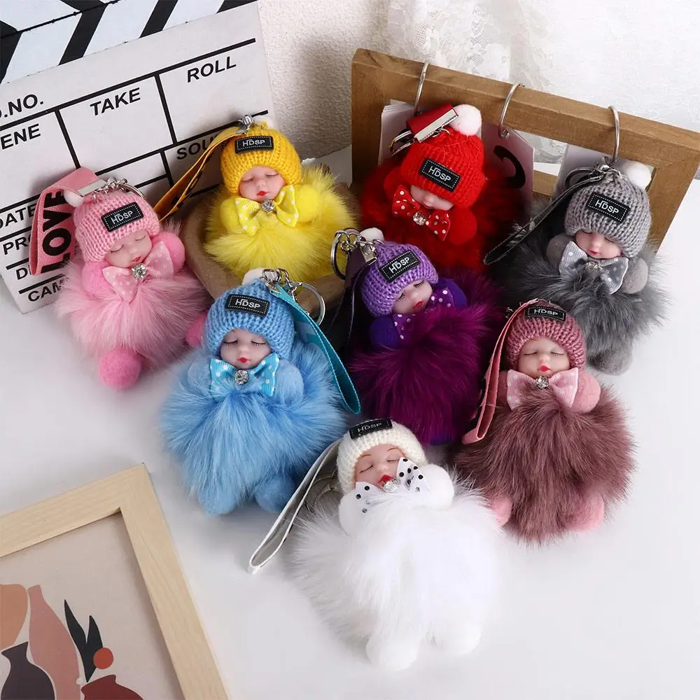 Decoration Ball Pendant For Girls Bag Pendant Cars Key Ring Fluffy   Pompom Keyring  Keychain Sleeping Baby