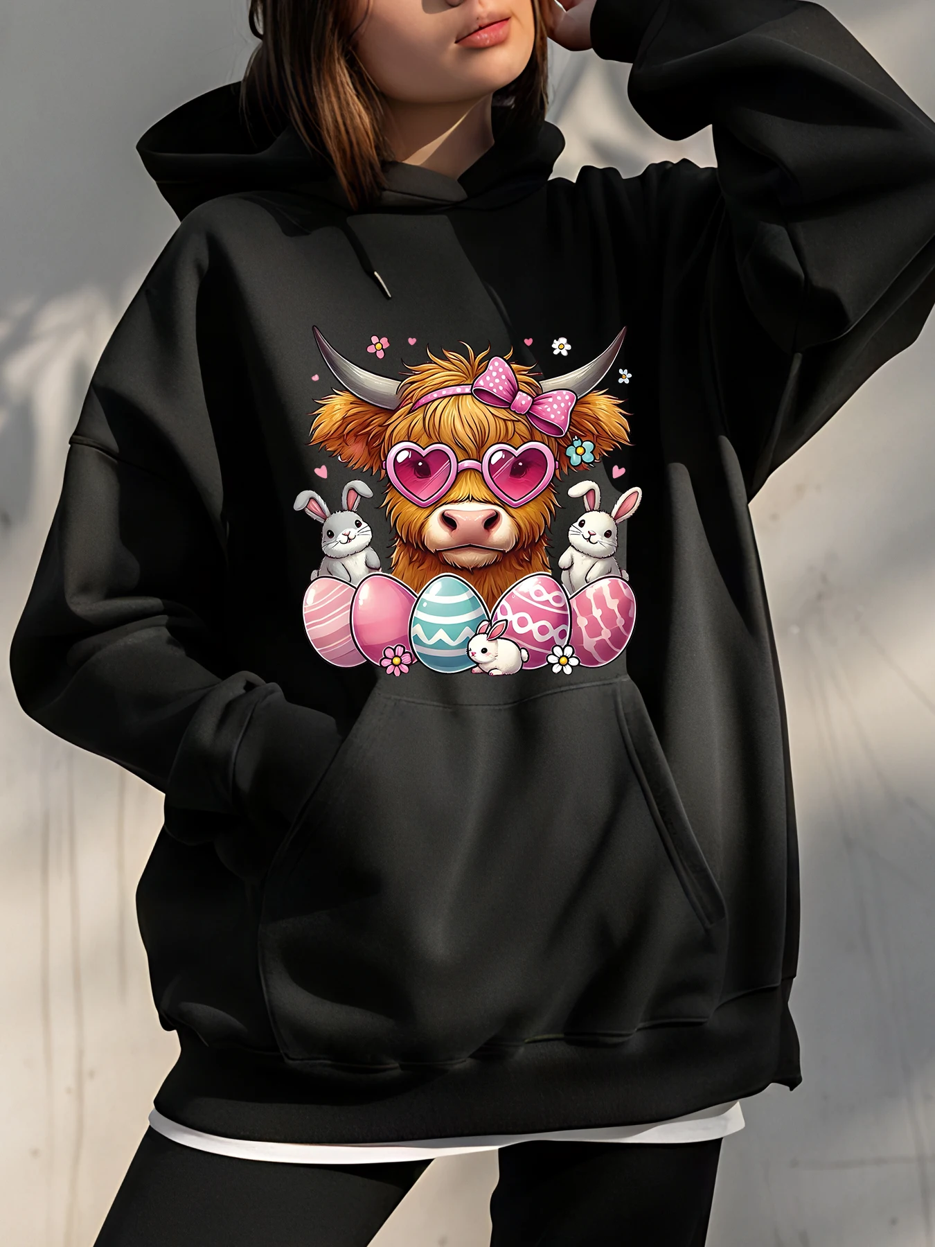 Sudadera con capucha de vaca de Pascua con estampado de huevos de conejito y toro, sudadera informal Unisex, traje de Festival de Primavera para hombres y mujeres