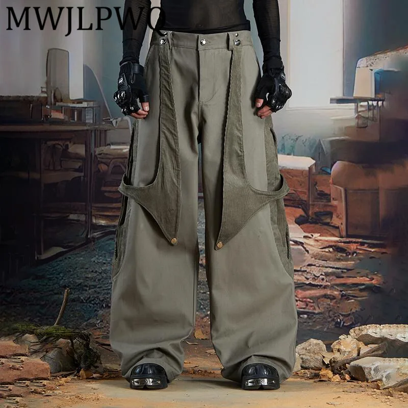 

MWJLPWQ Men Detachable Two-ways Wear Patchwork Corduroy Trousers High Street Loose Straight-Leg Unique Unisex Casual Pants 11932