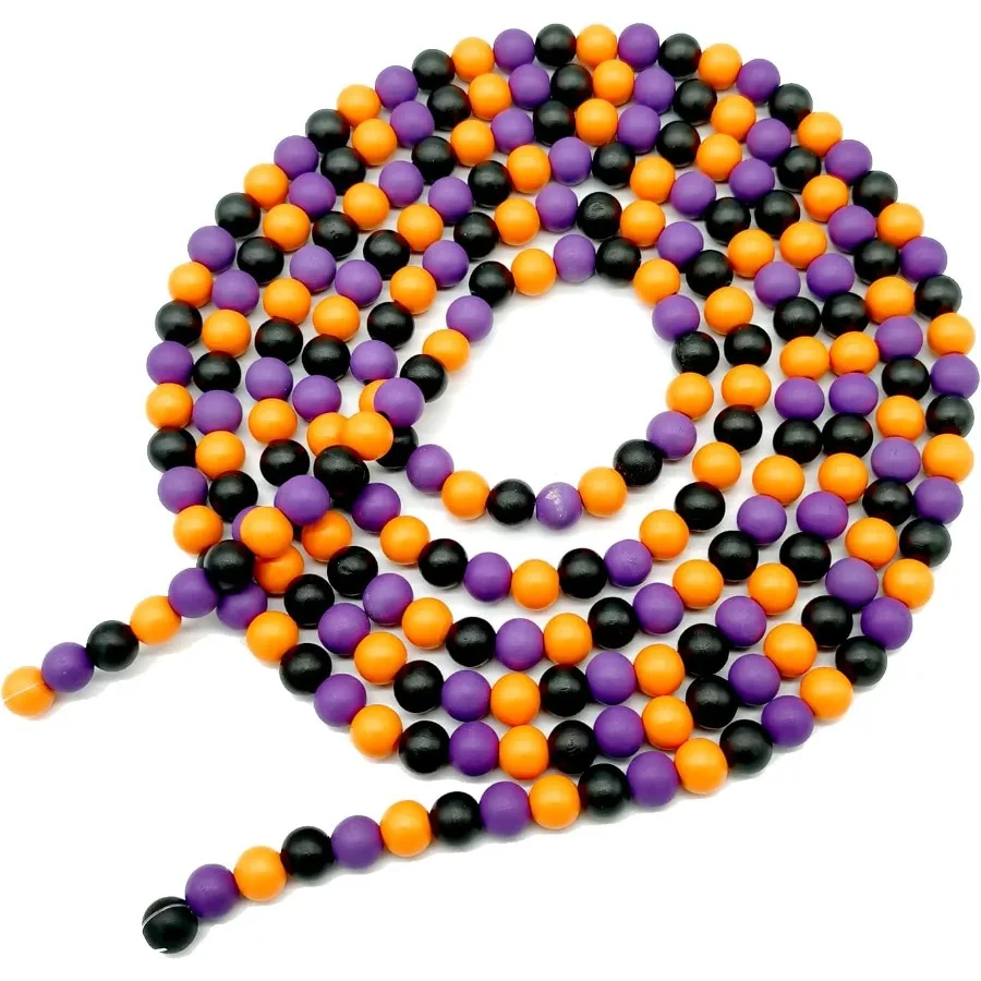 

10ft Wooden Bead Garland Wood Bead Decoration for Halloween Party 14mm Orange Purple and Black