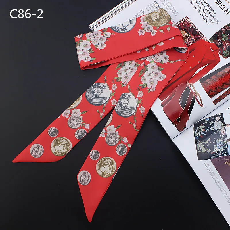 2024 New Design Coin Floral Print Silk Scarf Women Luxury Brand Scarf Handle Bag Ribbons Fashion Head Scarf Small Long Scarves