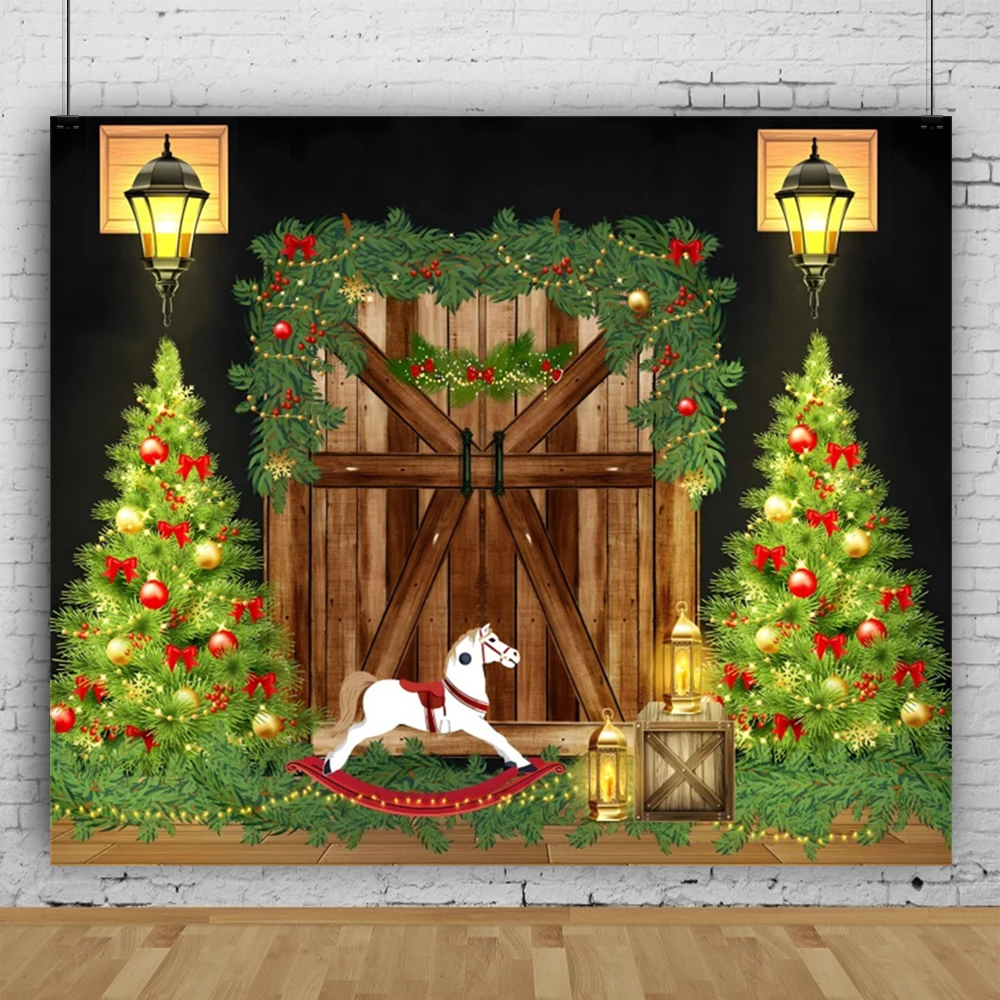 Green Christmas Trees Wooden Door Kids Portrait Backdrop Photography Horse Toyes Newborn Baby Shower Photo Backgrounds Vinyl